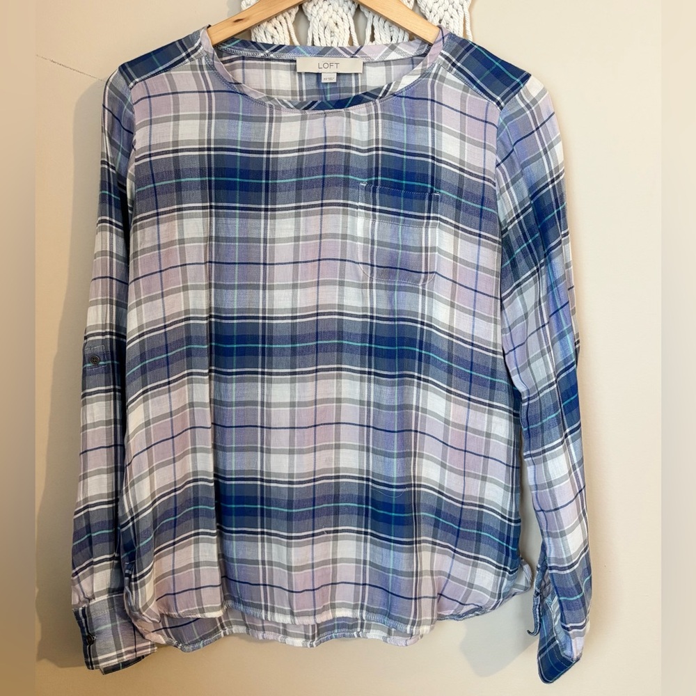 LOFT Women's Plaid Blouse - Blue and Lavender